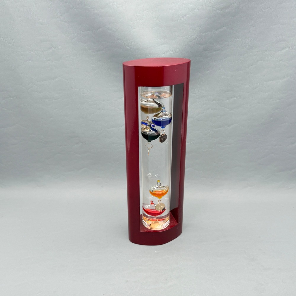 Galileo Glass Thermometer In Wood Frame 5 Colored Glass Spheres 12" Tall